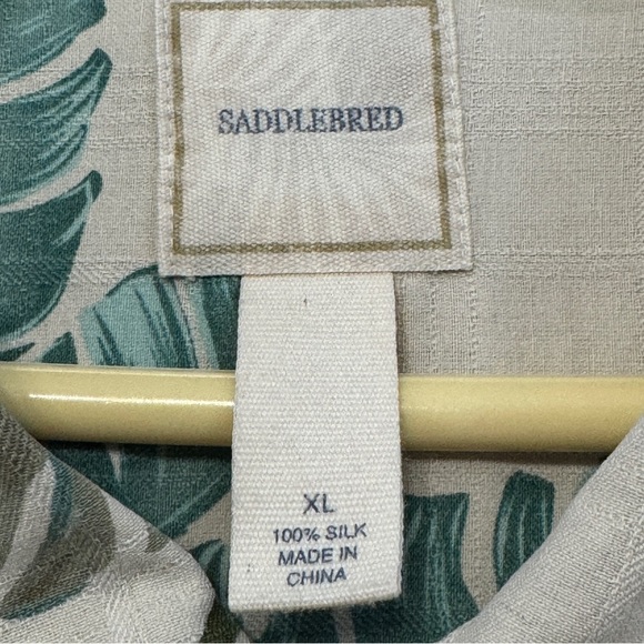 Saddlebred XL Silk Hawaiian Shirt Beige Green Palm Leaf Aloha Camp - Picture 4 of 5